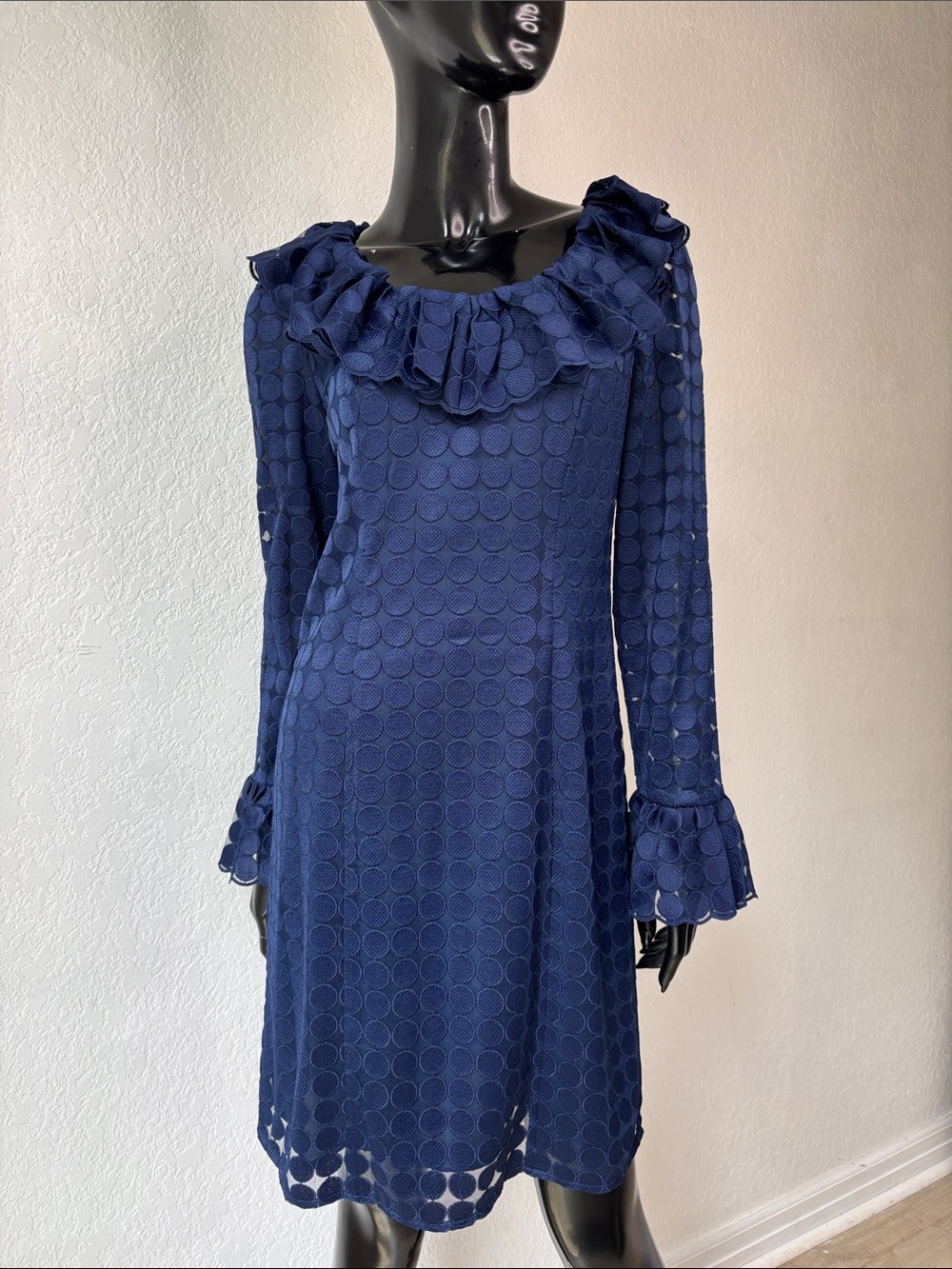 Trina Turk Navy Ruffled Collar Long-Sleeve Lace Dress